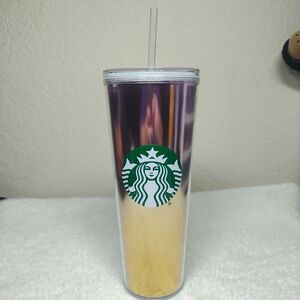 Starbucks Iridescent Cold Beverage Tumbler 24 oz  Pink/Gold Clear Lid And Straw